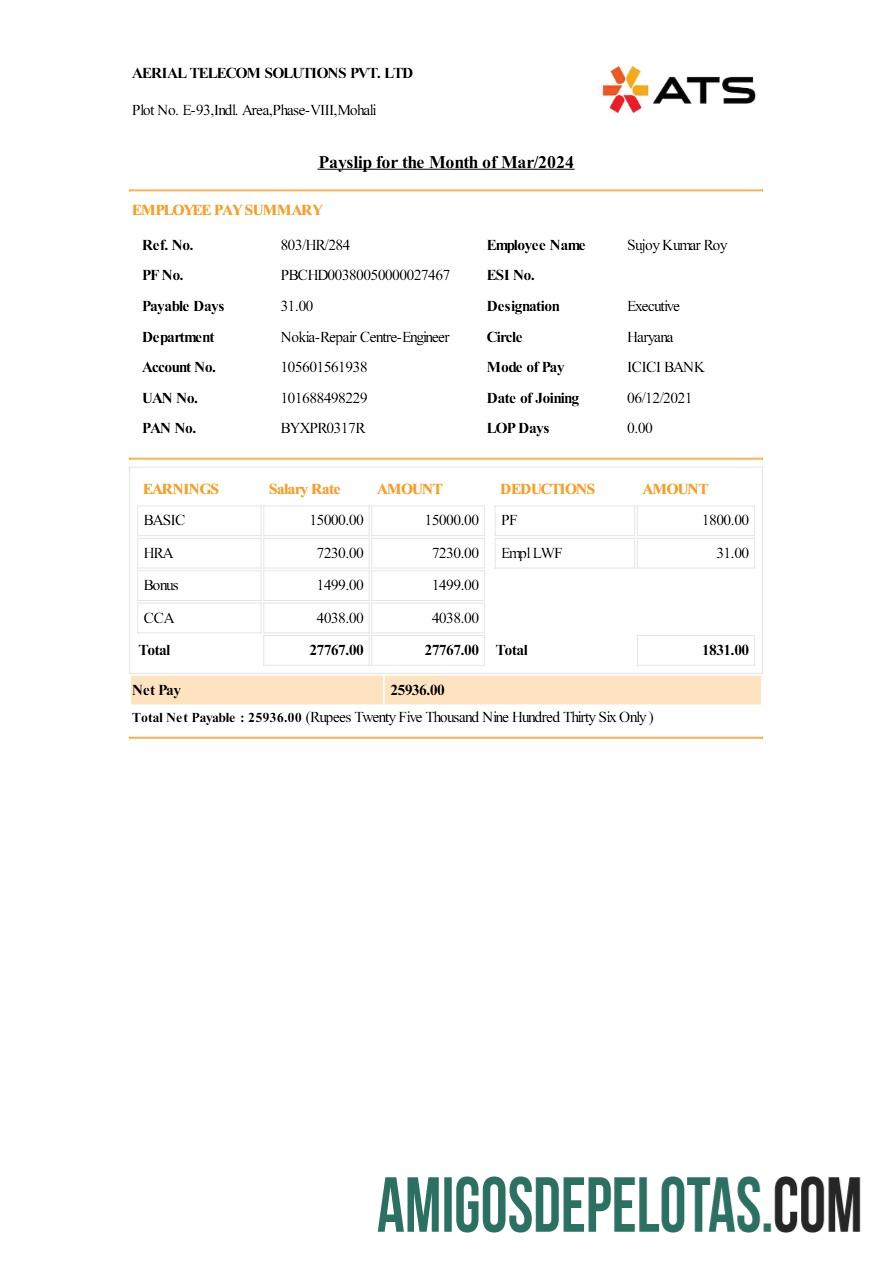 Imprimível Modelo de recibo de pagamento da Aerial Telecom Solutions em formatos Word e PDF.pdf, 1